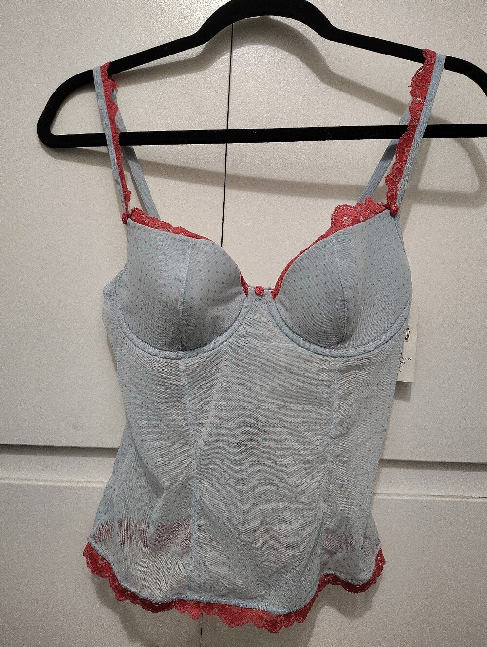 Vtg Y2K Rampage Corset Top NWT 36B Blue Swiss Dot Mesh Pink Lace Bustier As-Is